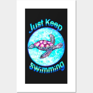 Motivational inspirational Turtle in blue circle , blue turtle sparkly magical beautiful sea creature sea turtle Posters and Art